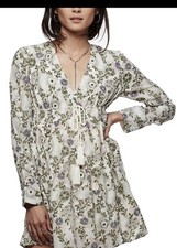 Free People Women Stealing Fire Mini Dress Prairie Boho Cream Green Size M
