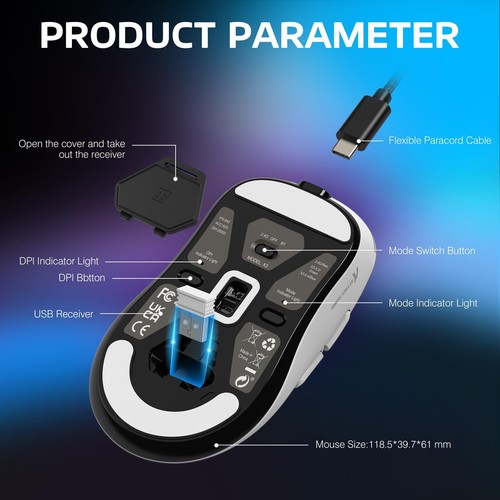 Mouse da gioco leggero wireless 26000 DPI 3 modalità con mouse antiscivolo per PC - Foto 31 di 70