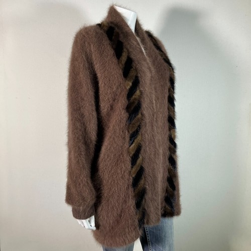 Cappotto maglione 80% Angora Fuzzy vintage CONNIE A LEE finiture in pelliccia marrone 44 a busto - Foto 3 di 10