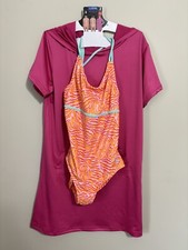Spyder Swim Set Girls Large 12-14 Pink Hooded Coverup One Piece Swimsuit 30+UPF