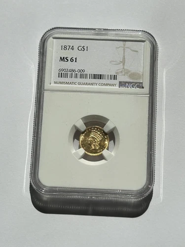 1874 Type 3 gold Dollar, NGC MS-61 - lustrous Original US Coin