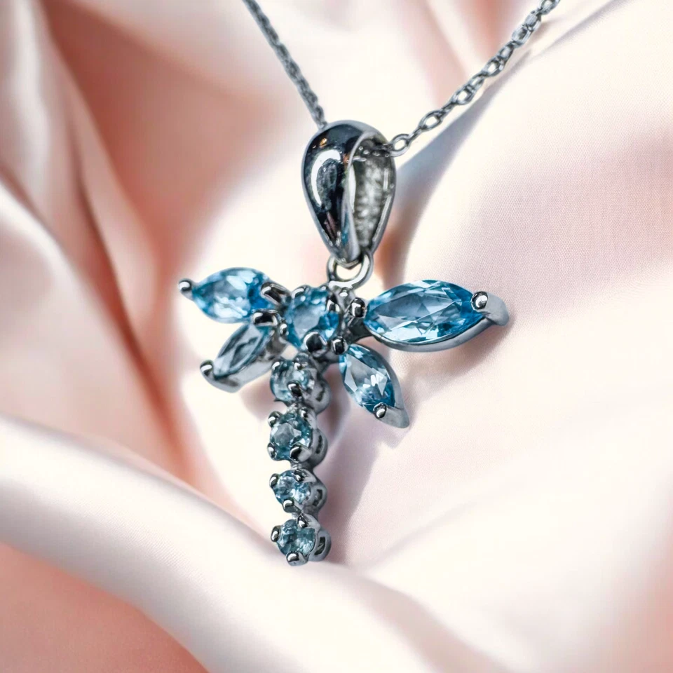 Aquamarine Dragonfly Necklace in 10K White Gold -18" -VINTAGE- Butterfly -1.5g - Image 4 of 4