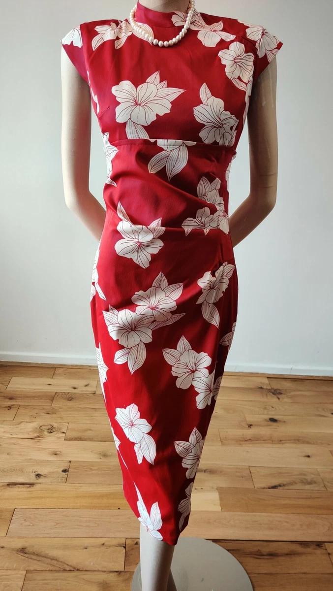 KAREN MILLEN ORIENTAL FLORAL DRESS UK 10 US 6 RED WHITE 72 ACETE