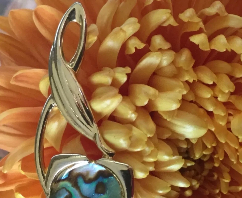 Modeschmuck Brosche mit Perlmutt ABALONE Muschel (Haliotis)  goldfarben 11g Neu! - Bild 3 von 4