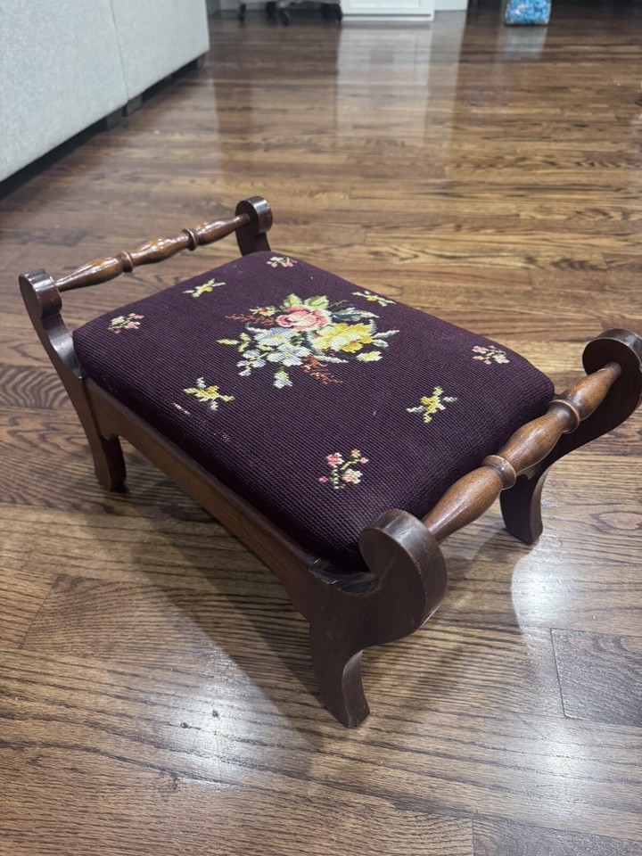 Vintage Victorian Floral Foot Stool Ottoman Tapestry Needlepoint ...