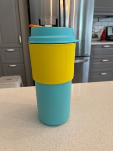 Tupperware Commuter Mug Reusable Coffee Mug 16oz Aruba Sun Kissed Blue Yellow Ebay