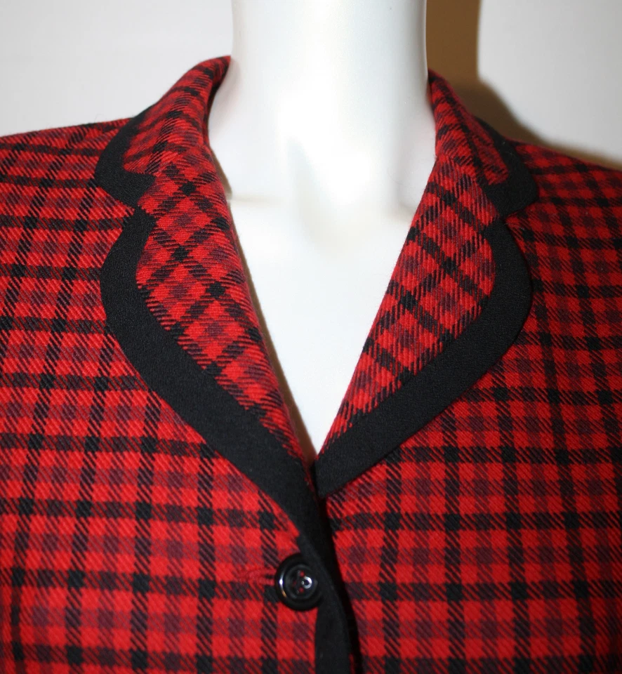 VINTAGE GEOFFREY BEENE Red Black Plaid Check Wool Jacket Blazer 6 - Image 2 of 4