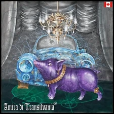 art painting contemporary artist figurative surrealism animal purple pig old car