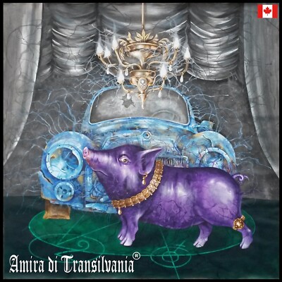 art painting contemporary artist figurative surrealism animal purple pig old car