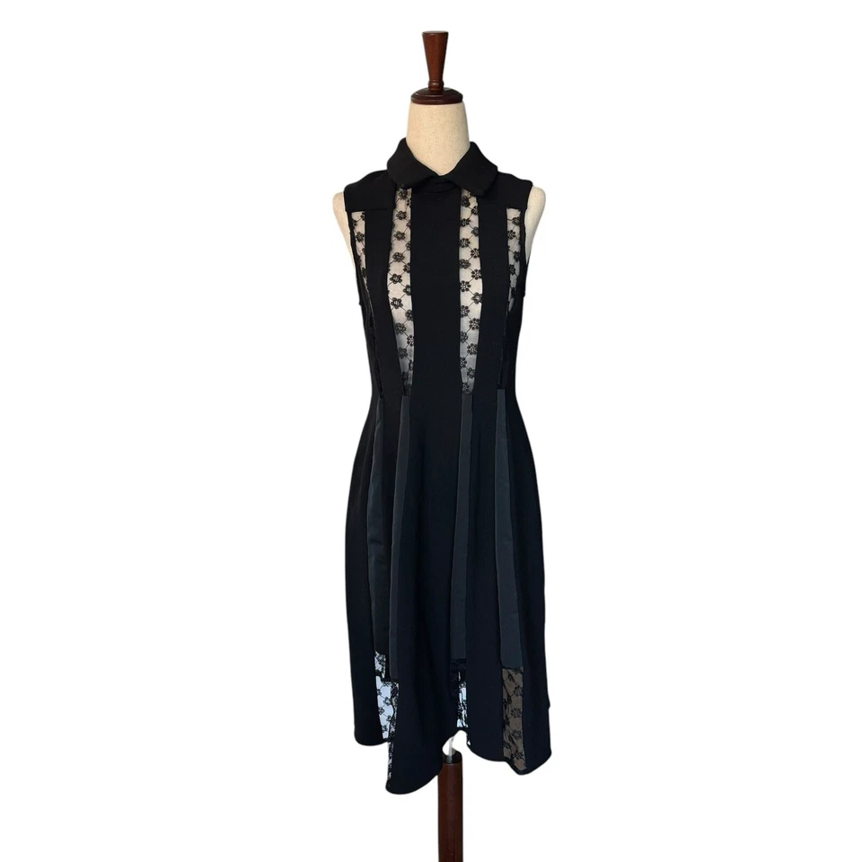 Vestido negro gótico con panel de encaje transparente cuello pasarela colección Thakoon talla 4 Foto 2 de 4