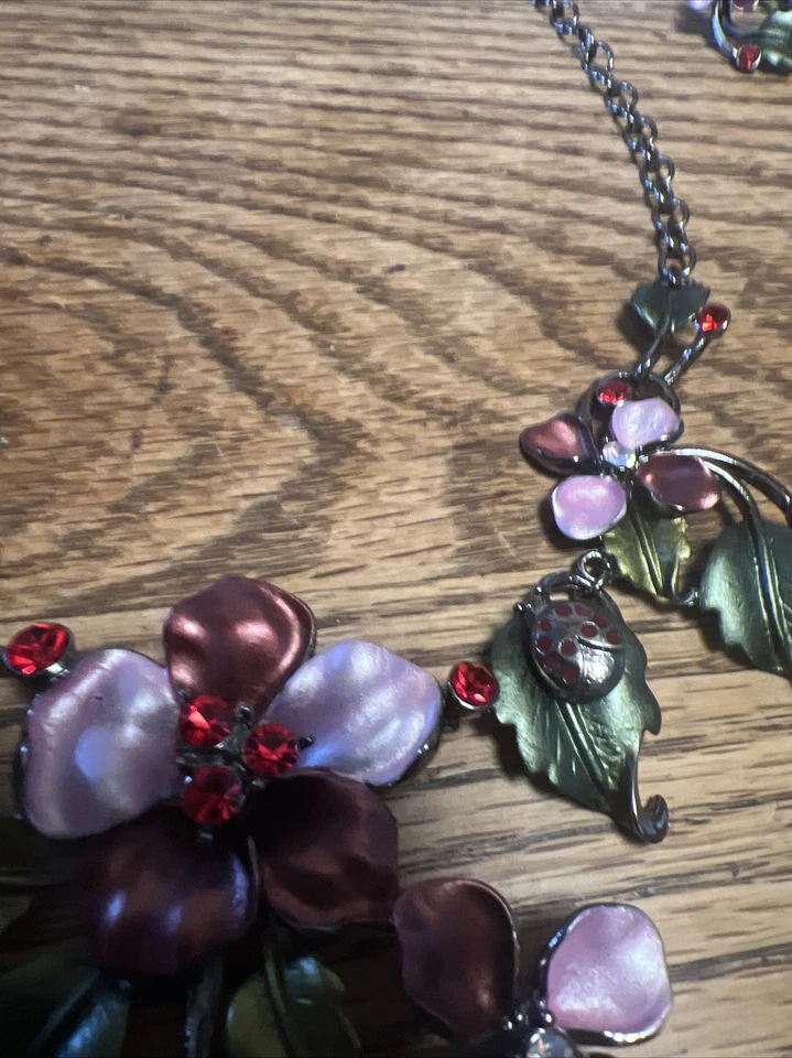 Розовый + зеленый матовая эмаль со стразами цветочный ожерелье браслет серьги Parure - Изображение 4 из 4