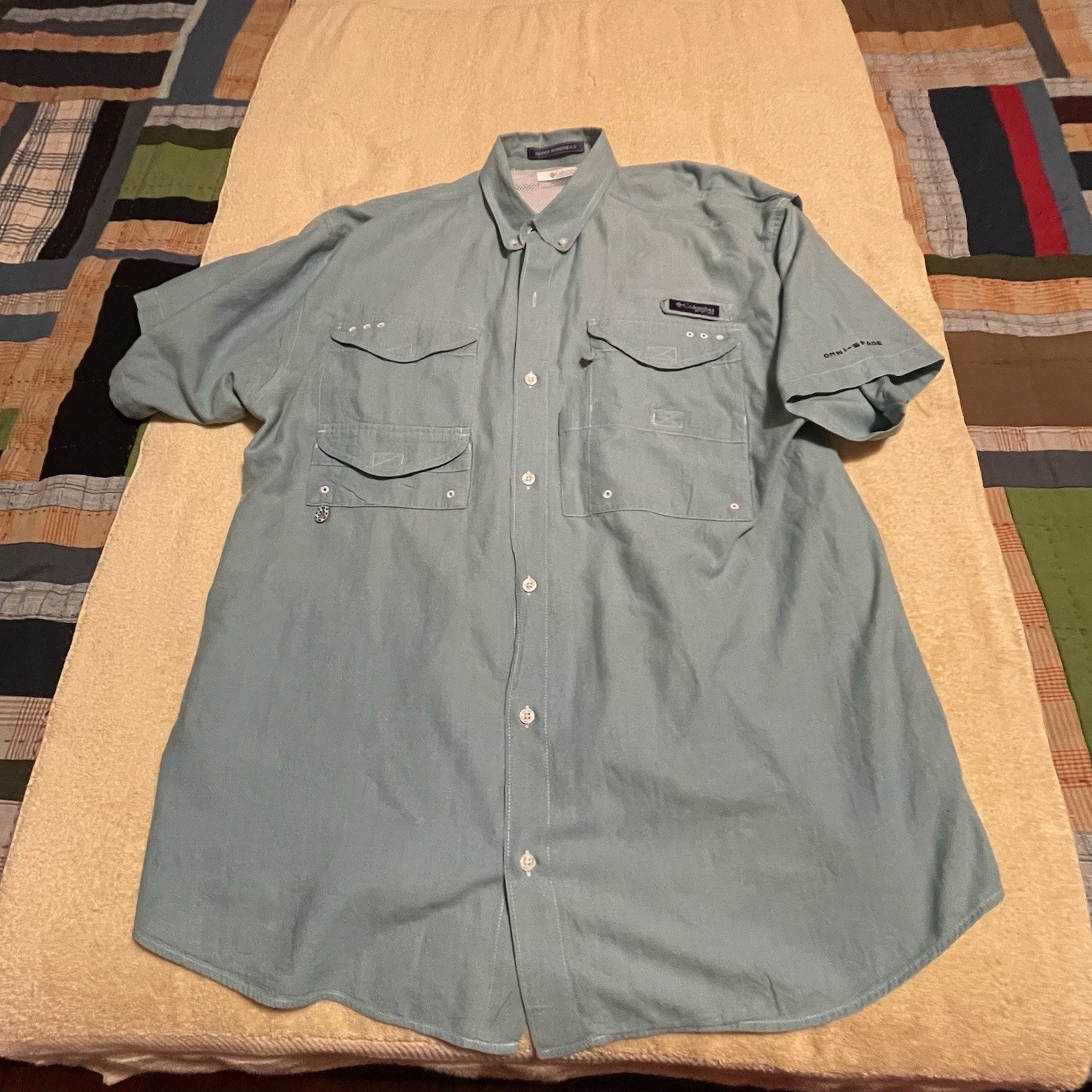 Columbia PFG Mens L Blue Super Bonehead Short Sleeve Button Up Shirt Cotton