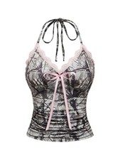 Women's Graphic Contrast Lace Halter Tie Tops Bow Knot Slim Fit Going Out Top/UK