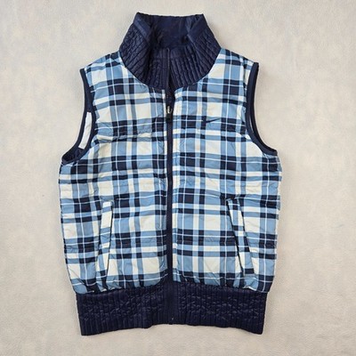 Nike Y2K Womens Small Reversible Puffer Vest Navy Blue Chevron / Blue Plaid