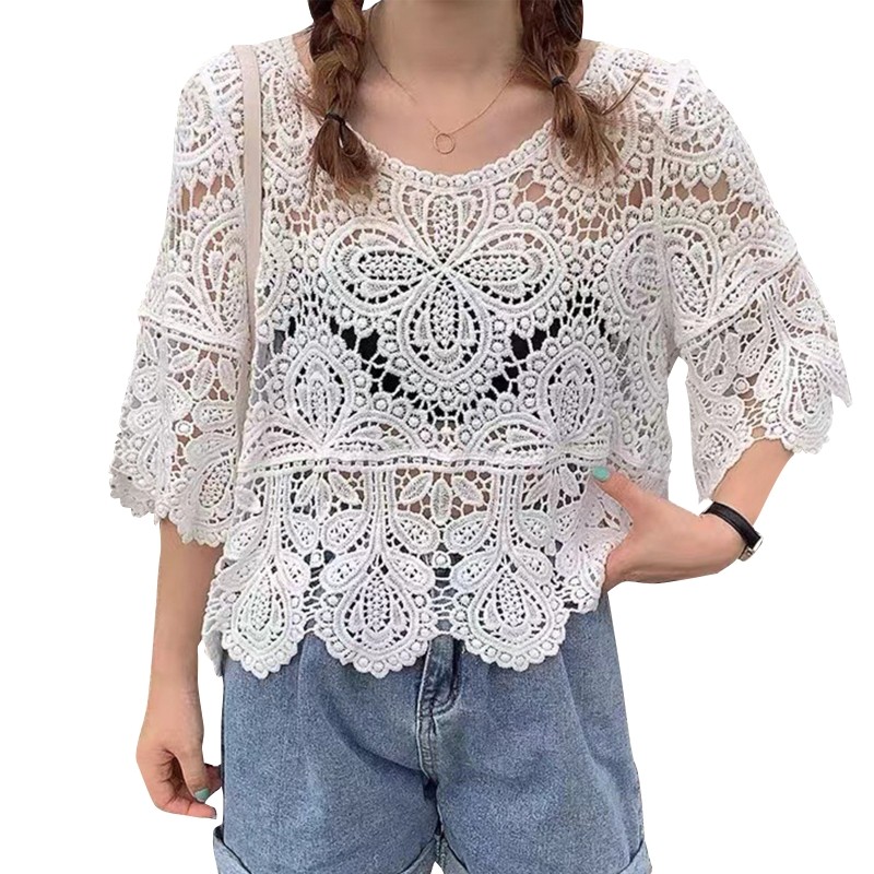 Hollow Crochet Floral O-Neck Loose Cover Up Women Solid Pullover Top T-Shirt