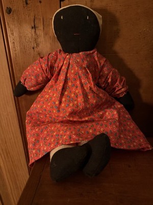 Handmade Cloth Rag Doll Girl with Red Floral Dress, Bonnet, Soft Body