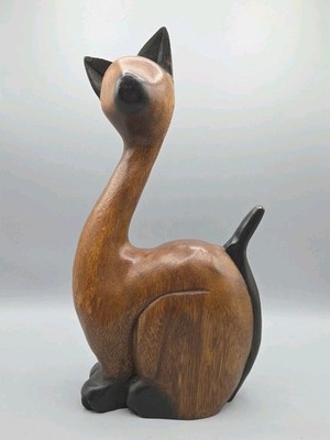 Vtg Siamese Cat Hand Carved Teak Wood MCM 12'' Crazy Cat Lady Kitschy 