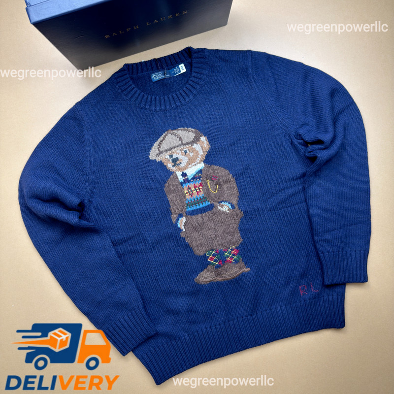 POLO RALPH LAUREN Gentleman Polo Bear Sweater Navy Men's Large Cotton Knit & Auc