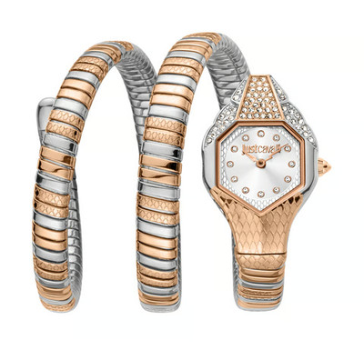 £360 JUST CAVALLI Evo 7 Doppio Two Tones Diamante Embellished Snake Quartz Watch