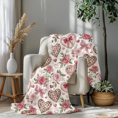 Floral Heart Pattern Velveteen Plush Blanket Romantic Cozy