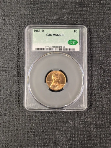 1951-D MS 66 RD 1C Lincoln Wheat Cent CAC Graded - Great Luster