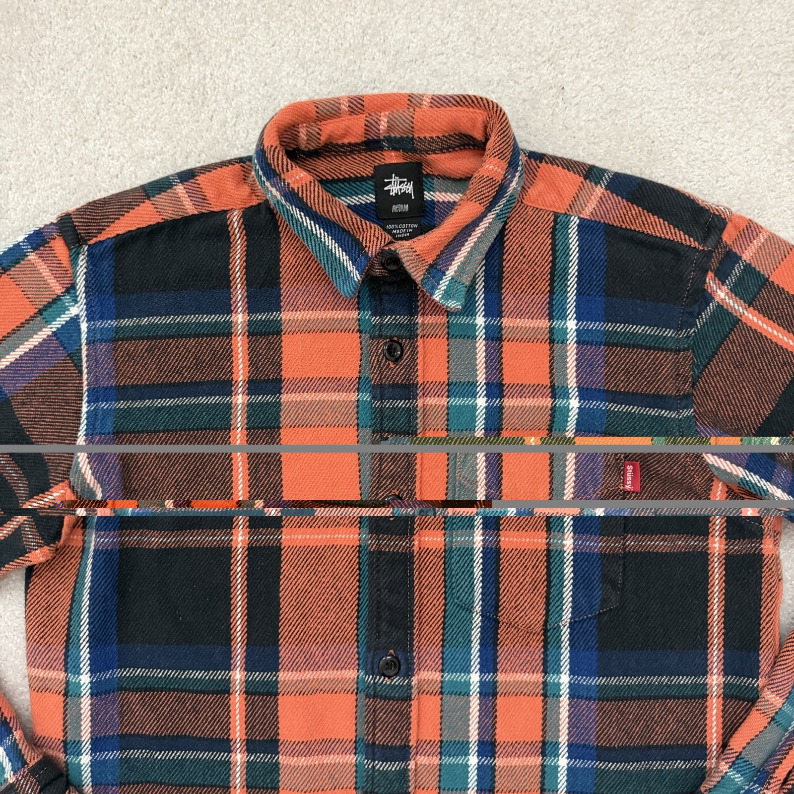 Stussy Flannel Shirt Men’s Medium Orange Plaid Button Up Streetwear Vintage thumbnail 2