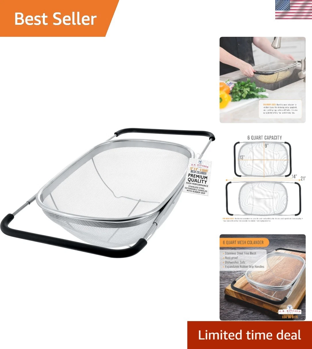 Luxurious 6-Quart Collapsible Stainless Steel Colander with Expandable Handles