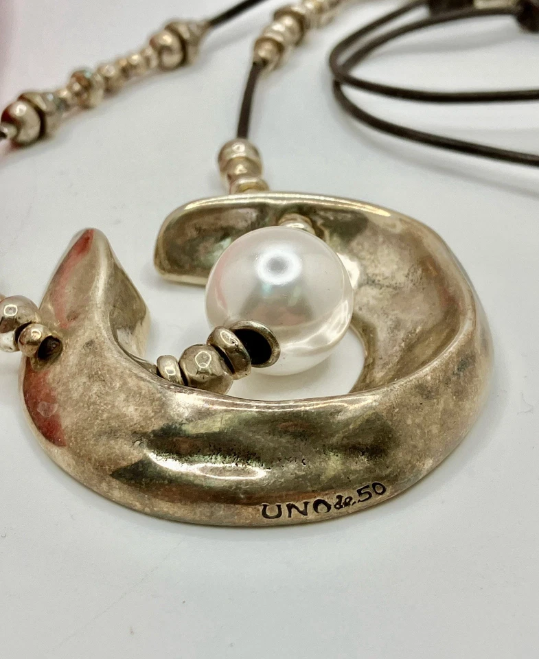 UNO De 50 Crescent Pendant Necklace W/Pearl & Leather Cord Silver-Plated Lot# - Image 3 of 4