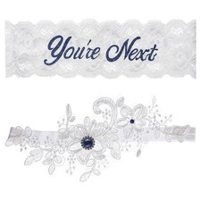 2Pcs Bridal Wedding Garter Set Lace Hand Sewn Faux Pearls Blue White Women