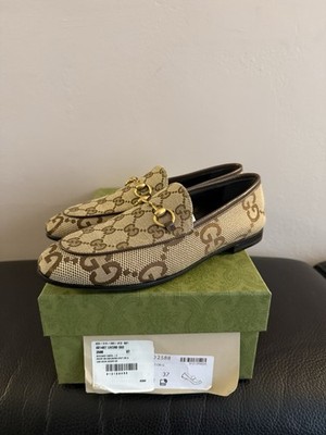 Gucci Jordaan Jumbo GG Canvas Loafers Rosewood Beige Horsebit Slip-On Flats 37