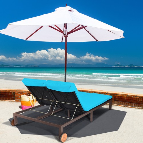 2-Person Patio Rattan Lounge Chair Chaise Recliner Adjustable Cushion Turquoise - Picture 4 of 12