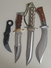 Juego de 4 cuchillos hoja fija grande Bowie Kukri + plegable Karambit EDC combo
