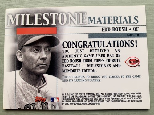 Edd Roush 2002 TOPPS Milestone Materials CINCINNATI REDS HOF GAME USED Bat Relic - Picture 3 of 3