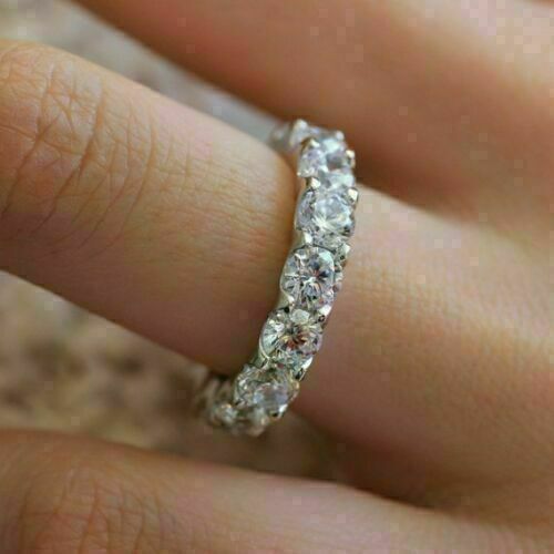 3 Ct Moissanite Round Cut Full Eternity Wedding Band Ring 14K White Gold Plated - Picture 1 of 3