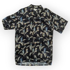 Pierre Cardin Vintage Hawaiian Button Down Shirt Size M Medium Black Tropical