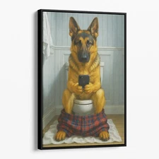 German Shepherd On The Phone On The Toilet Funny Bathroom Canvas Print Wall Art