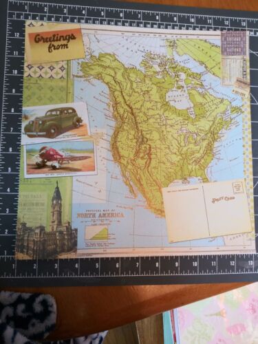 K&Co 12" Scrapbook Paper 4pc Lot Embossed Glitter Map USA Cut Paste Travel Post - Afbeelding 1 van 3