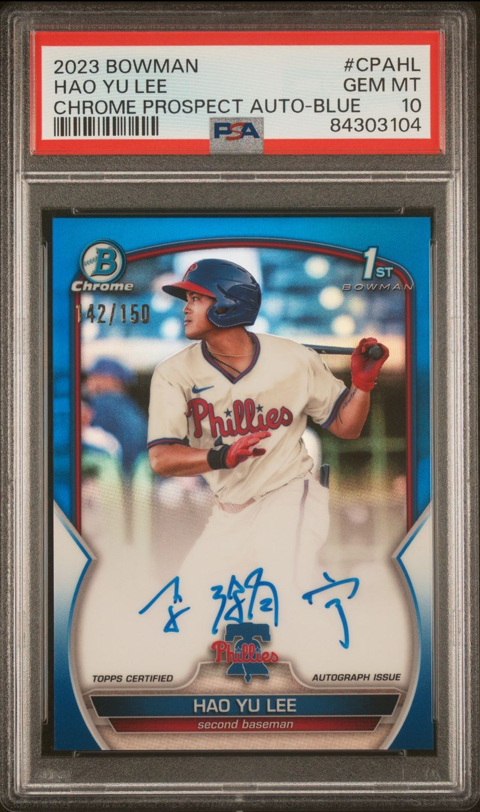 2023 Bowman Chrome 1st Prospect Auto True Blue #CPAHL Hao Yu Lee RC /150 PSA 10