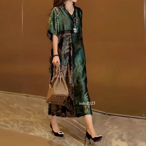 Women's Silk Printed Maxi Dress Kaftan V-neck Long Robe Retro Loose Fashion Lady - Picture 14 of 15