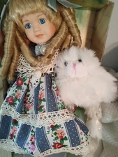 Alexis Collection Porcelain Doll AL1279 Holding White Kitty 14"