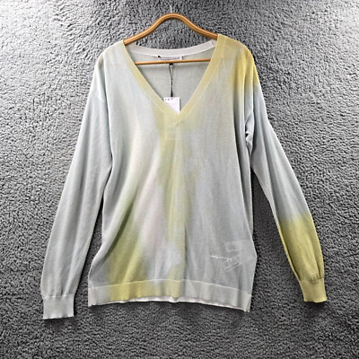 New Adolfo Dominguez Womens Jumper Size M Grey Yellow Sheer Long Sleeve V-Neck