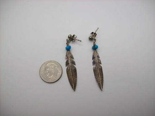 Navajo Sterling Silver Feather Turquoise Earrings, Dangle - Picture 8 of 14
