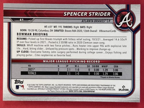 (X 6) Lot - 2022 Bowman Spencer Strider #41 - Atlanta Braves - ROOKIE CARDS - Picture 2 of 3