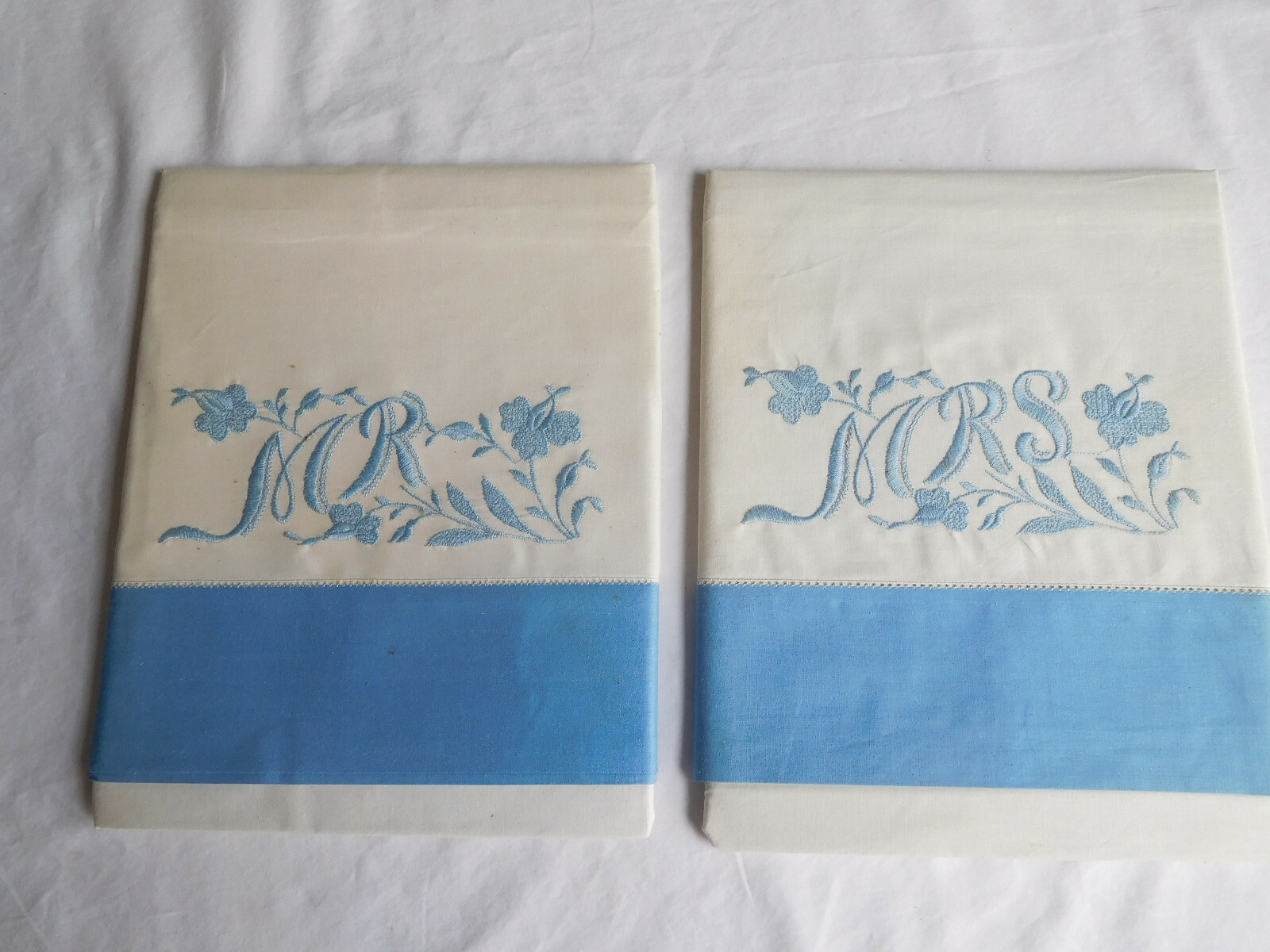 NOS MR MRS Embroidered PILLOWCASES vintage Blue Ivory 20x31
