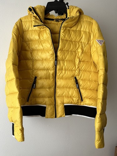 GUESS Women’s Hooded Puffer Jacket Bright Yellow Size L Black/White Trim - Picture 4 of 24