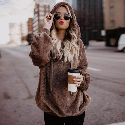 Womens Ladies Warm Fleece Hooded Hoody Sweatshirt Winter Tops with Pocket - Picture 8 of 19