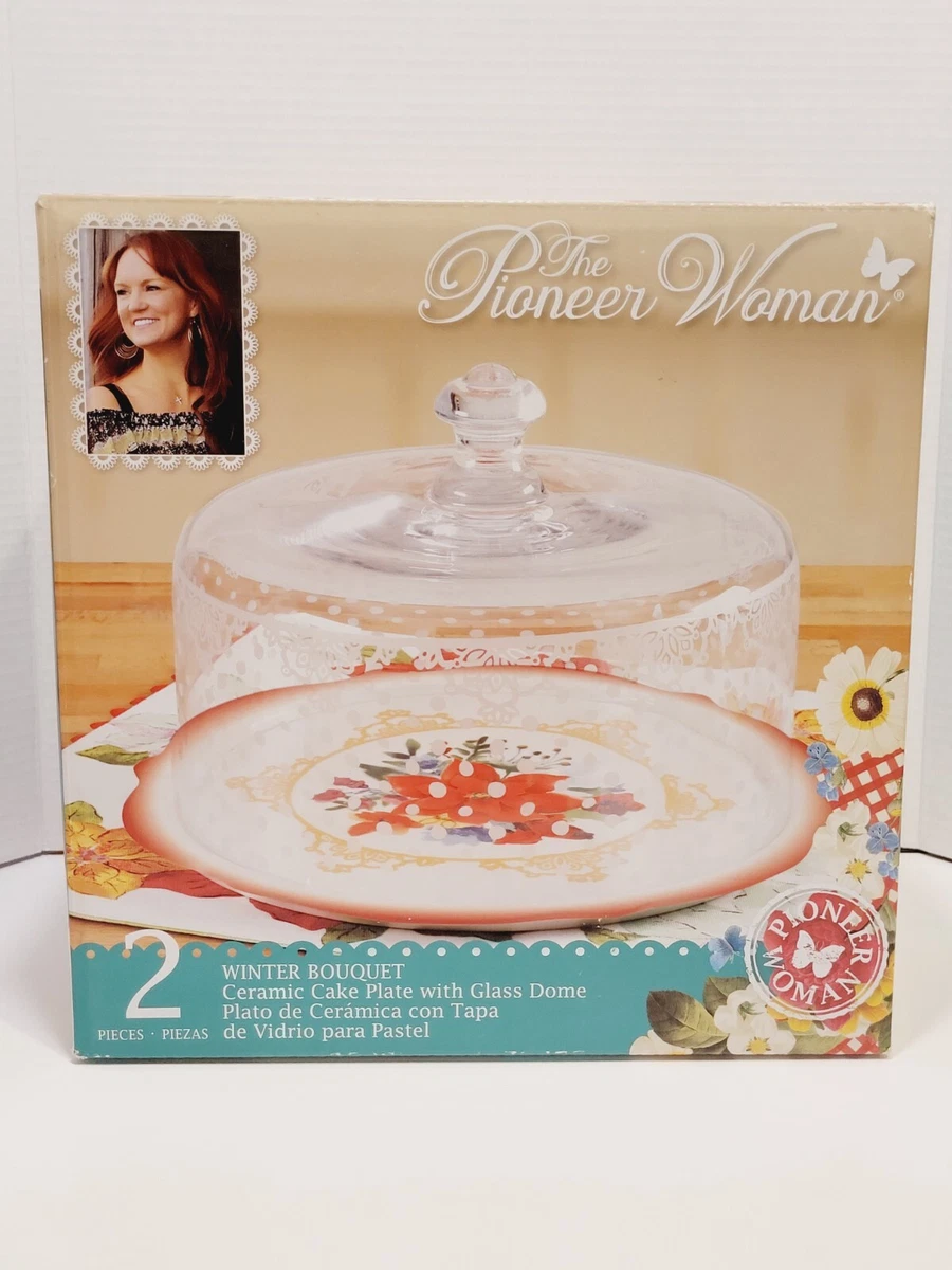 NIB Pioneer Woman Winter Bouquet Ceramic Cake Plate W/ Glass Dome