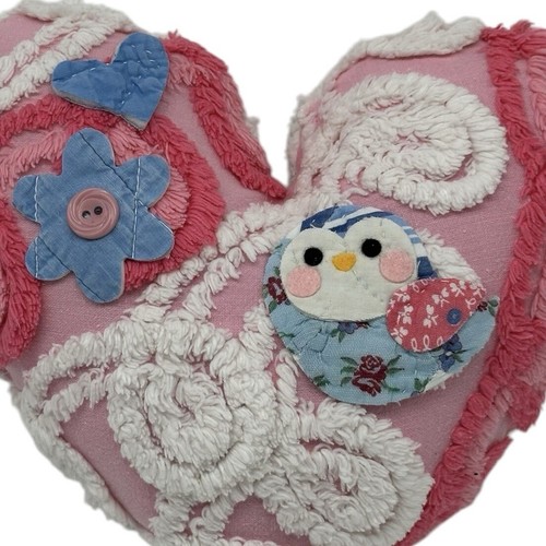 NEW Handmade Chenille Heart Pillow Vintage Chenille Bird Blue Flower Valentine - Picture 3 of 9
