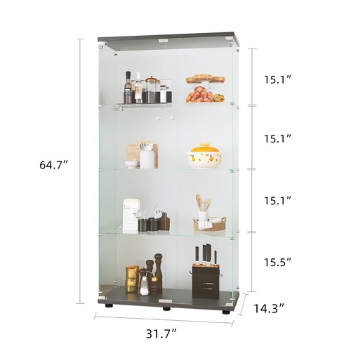 Two-door Glass Display Cabinet 4 Shelves, Floor Standing Curio Bookshelf - Picture 9 of 12