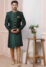 Hand Embroidered Art Silk High Low Sherwani in Dark Green